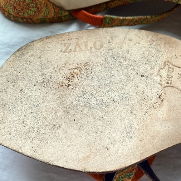 Zalo: Yellow/Orange heeled, paisley sandals- sunburst on top of sandals- 6 - Picture 4 of 16